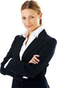 smiling female attorney in a black suit and a white shirt posing and looking at the camera